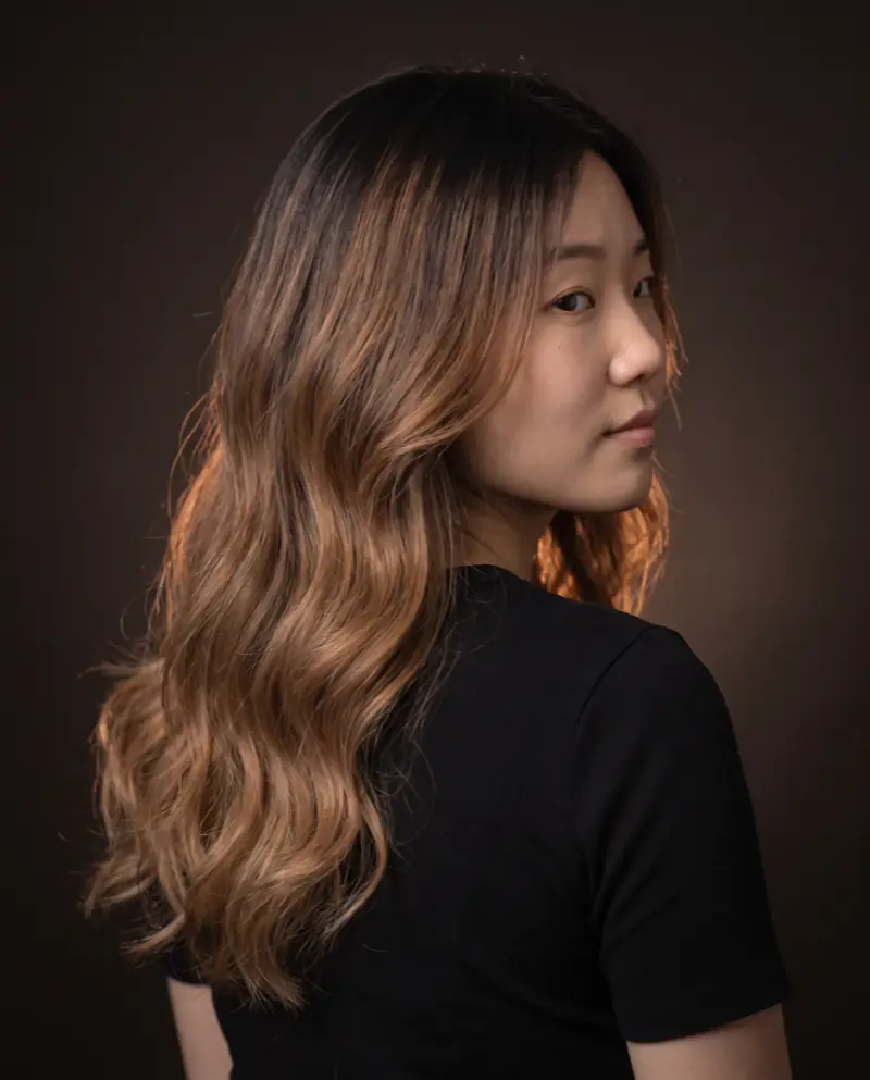 Milk tea balayage, three-quarter back view